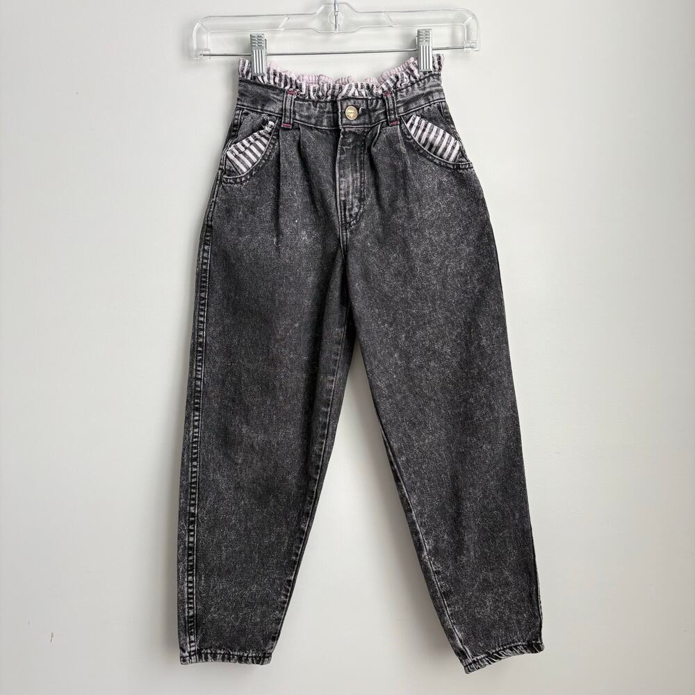 Kid's Vintage OshKosh B'gosh Black Acid Wash Pink Striped Ruffle Trim Jeans